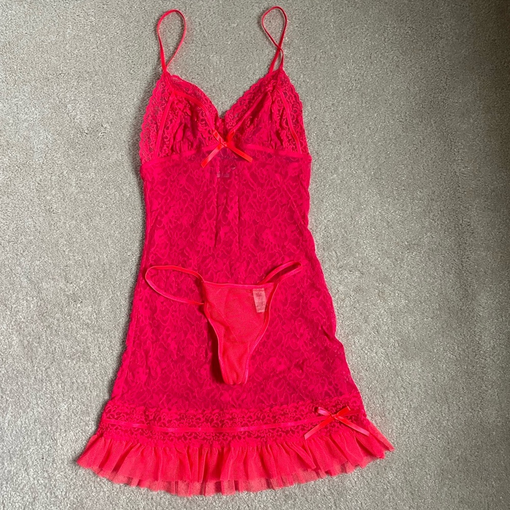 Victoria's Secret Hot Pink Lace Chemise with Thong